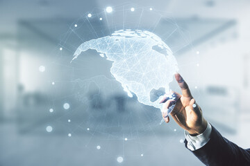 Wall Mural - double exposure of businessman hand working with graphic america map on blurred office background, b