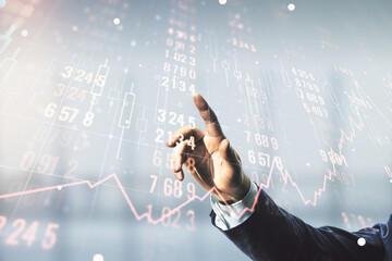 Poster - Double exposure of male hand working with abstract creative statistics data hologram on blurred office background, analytics and forecasting concept
