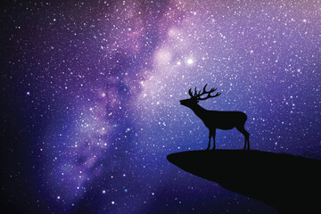 Sticker - Lonely deer on cliff edge. Animal silhouette. Starry sky and Milky Way