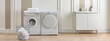 Washing and dryer machine in the room, white and brown vertical wall style background.