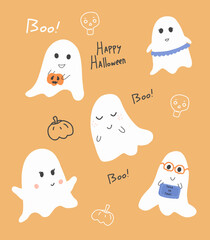 Wall Mural - Set of cute funny happy ghosts. Baby creepy boo characters for kids. Magic scary spirits. simple flat cartoon ghosts