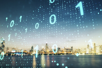 Aufkleber - Double exposure of abstract virtual binary code hologram on Chicago city skyscrapers background. Database and programming concept