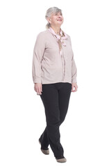 confident old lady striding forward. isolated on a white background.