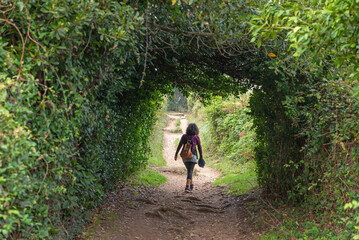 Woman walking down a path under the bushes