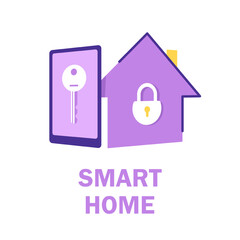 Poster - Smart home app with control system, eco house on the background and family posing, technology and lifestyle concept