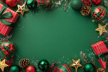 Canvas Print - Christmas concept. Top view photo of present boxes green red baubles gold star ornaments pine cones mistletoe berries snow and fir branches on isolated green background with empty space in the middle