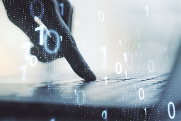 Aufkleber - Double exposure of creative abstract binary code hologram and hands typing on laptop on background. Database and programming concept