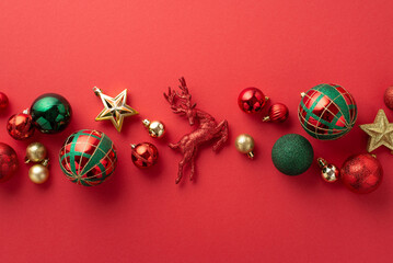 Wall Mural - Christmas decorations concept. Top view photo of reindeer star ornaments gold green and red baubles on isolated red background