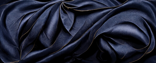 navy blue silk satin, beautiful wavy folds, dark, background, banner