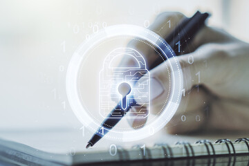 Poster - Creative lock sketch with chip hologram and woman hand writing in notepad on background, protection of personal data concept. Multiexposure