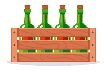 wooden box with glass wine bottles. alcohol in the package. flat vector illustration.