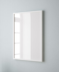 Vertical white frame mockup close up on wall painted pastel blue color, 3d render