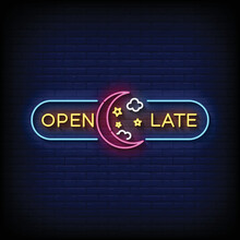 Neon Sign Open Late With Brick Wall Background Vector