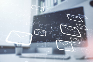 Poster - Creative abstract postal envelopes hologram and modern desktop with pc on background, email and notification concept. Multiexposure