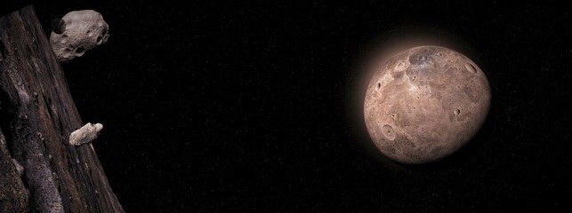 Canvas Print - panoramic view of planet ceres next to asteroid belt 3d illustration