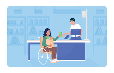 Poster - Disabled person at supermarket 2D vector isolated illustration. Buying food products flat characters on cartoon background. Daily routine colourful editable scene for mobile, website, presentation