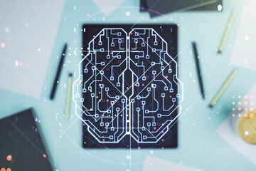 Poster - Creative artificial Intelligence concept with human brain hologram and modern digital tablet on background, top view. Multiexposure