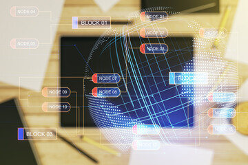Poster - Double exposure of abstract programming language hologram with world map and digital tablet on background, top view, research and development concept