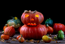 Halloween Pumpkin Head Jack Lantern On Wooden Background