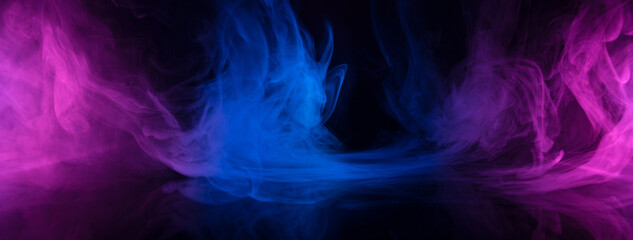 Wall Mural - multicolored smoke clouds in blue and pink neon light swirling on empty scene with reflection, wide 