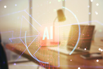 Poster - Double exposure of creative artificial Intelligence abbreviation with computer on background. Future technology and AI concept