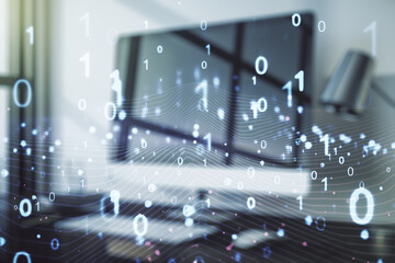 Aufkleber - Creative concept of binary code illustration on modern laptop background. Big data and coding concept. Multiexposure