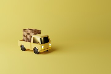 Canvas Print - Small yellow delivery truck with trolley boxes. Concept of courier work, delivering products to the store. Supplier. 3d render, 3d illustration