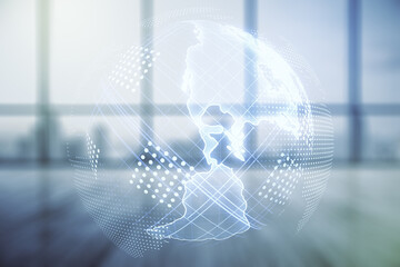 Poster - Digital map of North America hologram on modern interior background, global technology concept. Multiexposure