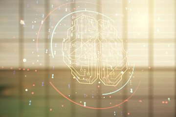 Aufkleber - Double exposure of creative human brain microcircuit hologram on empty room interior background. Future technology and AI concept