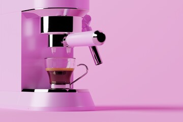 Poster - Espresso coffee maker on a pastel background. Concept of making coffee, cafe. 3d rendering, 3d illustration.