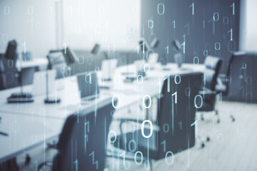 Aufkleber - Abstract virtual binary code illustration on a modern furnished office background. Big data and coding concept. Multiexposure