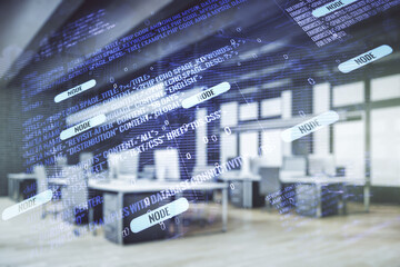 Aufkleber - Abstract virtual coding illustration and world map on a modern furnished classroom background, international software development concept. Multiexposure