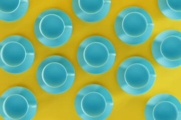 Sticker - Top view of blue teacups on yellow background. Concept background with cups, drinking coffee, tea. 3d render, 3d illustration.