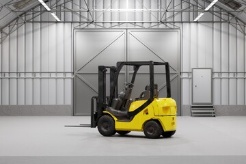 Wall Mural - Forklift in the warehouse. The concept of warehousing, working in a warehouse on a forklift. 3d render, 3d illustration.