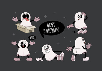 Wall Mural - Set of retro cartoon stickers with funny comic ghosts. Cute comic gloved hands characters in Contemporary style. Doodle comic characters for autumn holiday of the halloween.