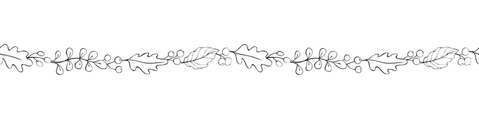 Wall Mural - Vector edging, ribbon, border from outline autumn leaves, berries. Nature, autumn, summer seamless pattern, ornament, decorative element, decoration in doodle style