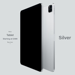 Poster - tablet silver color with black touch screen saver and backside view isolated on grey background. mockup of realistic and detailed device. vector 3d isometric illustration