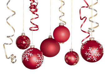 Poster - Red shiny decorative Christmas balls on white background