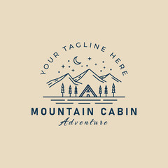 Wall Mural - mountain cabin line art logo with forest and moon vector illustration design