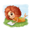 Cute girl lying on the ground in the park and read the book. Summer mood. Funny cartoon hand drawn illustration for kids