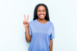 © Asier - Young African American woman with braids hair isolated on blue background showing victory sign and smiling broadly.