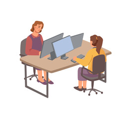 Aufkleber - Employees working in office sharing table, coworking spaces of female characters with laptops and computers. Partners or programmers. Vector in flat cartoon style