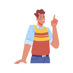 Poster - Male character showing gesture, pointing finger up, thinking and giving caution. Isolated gesturing man, worker or employee. Vector in flat cartoon style