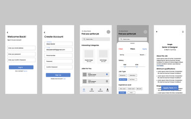 Wall Mural - Online job finder app UI UX design. Online Recruitment. UI, UX, GUI layout for online job, responsive website and mobile app. vector illustration.