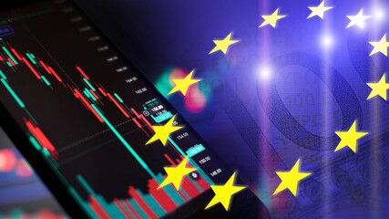 Wall Mural - A Stock market background with European Union Flag and Falling market chart