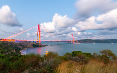 Yavuz Sultan Selim Bridge in Istanbul, Turkey in evening illumination. 3rd Bosphorus Bridge night view from Poyraz