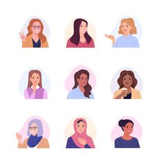 Wall Mural - Collection of female avatars. Vector cartoon illustration of portraits of diverse smiling businesswomen and office employees of different ages and ethnicities. Isolated on white