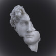 Abstract illustration from 3D rendering of a broken head fragment made of white marble of a classical male sculpture isolated on dark background.