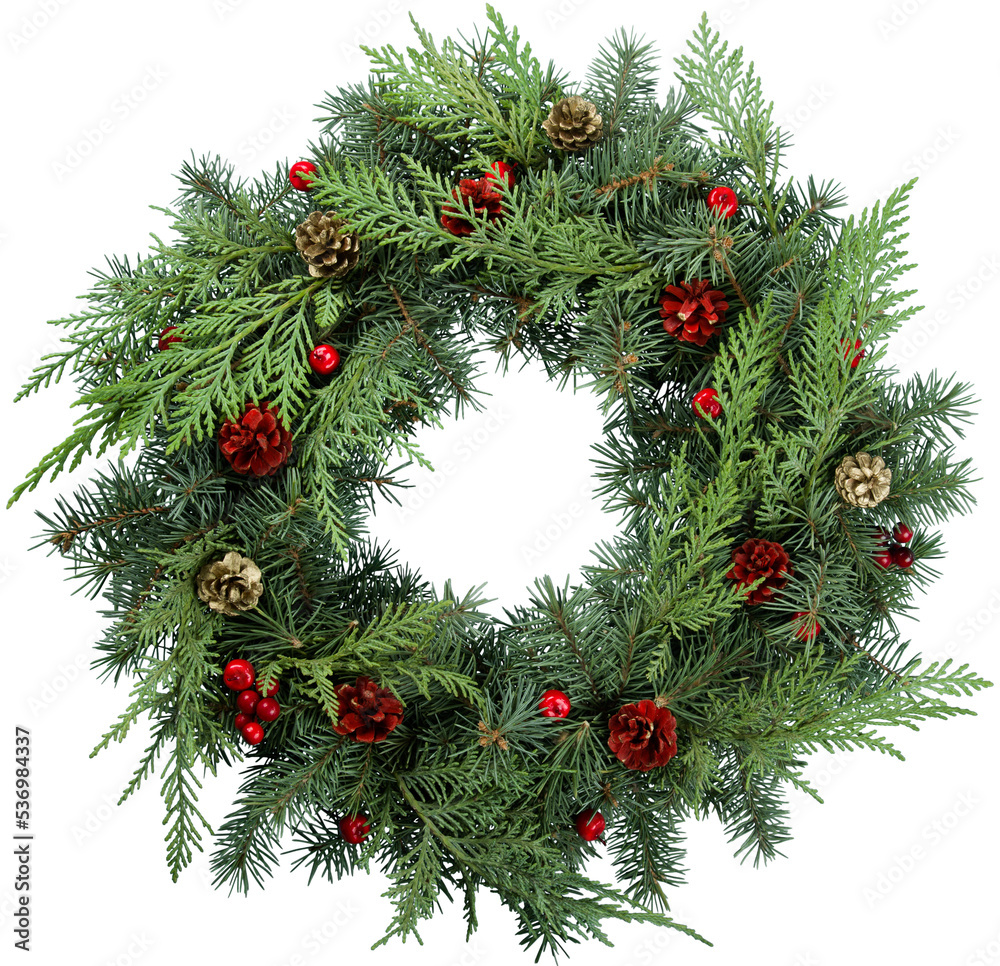 Christmas wreath made of fir tree and cones isolated on white ...