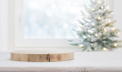 Wall Mural - Christmas background with wooden table and podium for product presentation